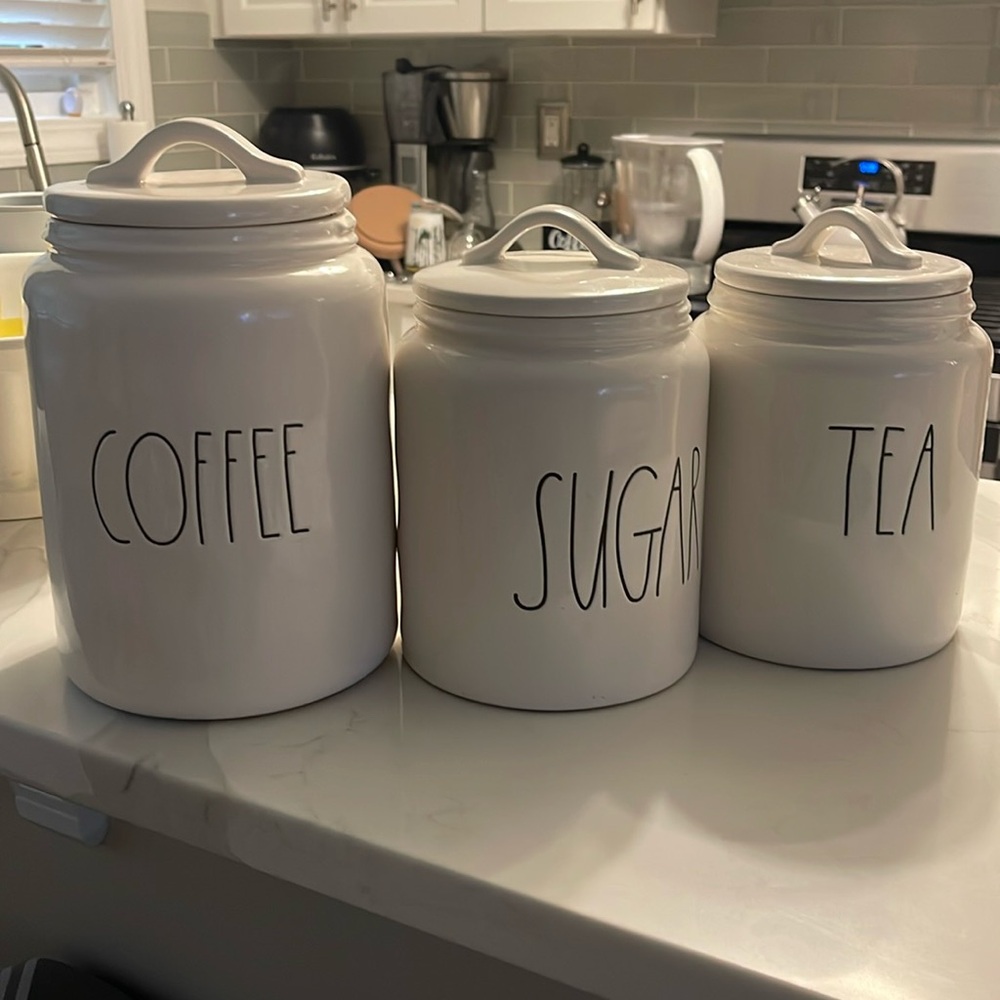 All three Rae Dunn coffee, sugar and tea canister set. Set of 3!